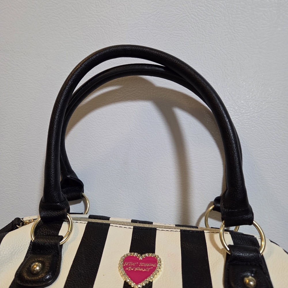 SOLD Betsey Johnson Black and White Striped Satchel w/Pink Accents - Picture 5 of 14